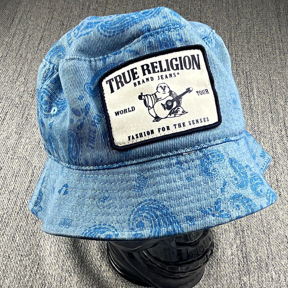True Religion Denim Paisley Bucket Hat OSFM World Tour Buddha Logo Light Blue